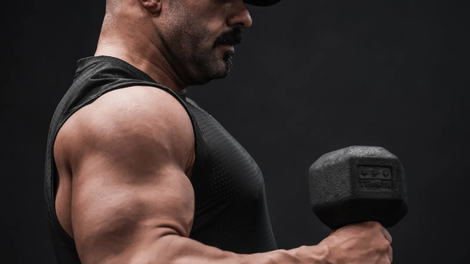 Muscular man lifting dumbbells in the gym