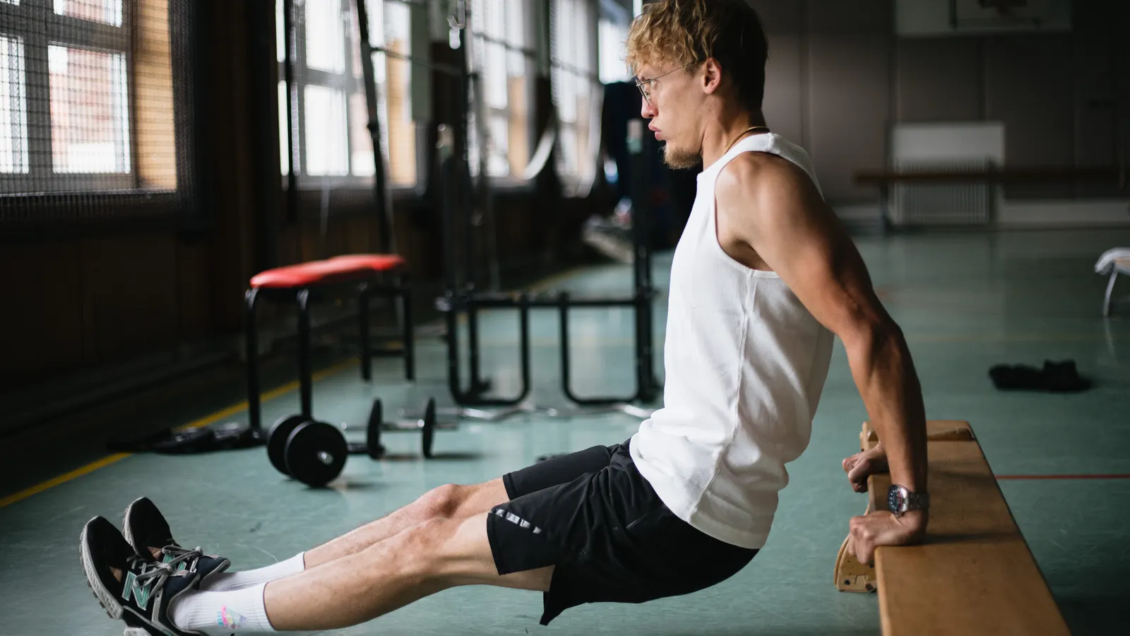 Healthy man performing dips