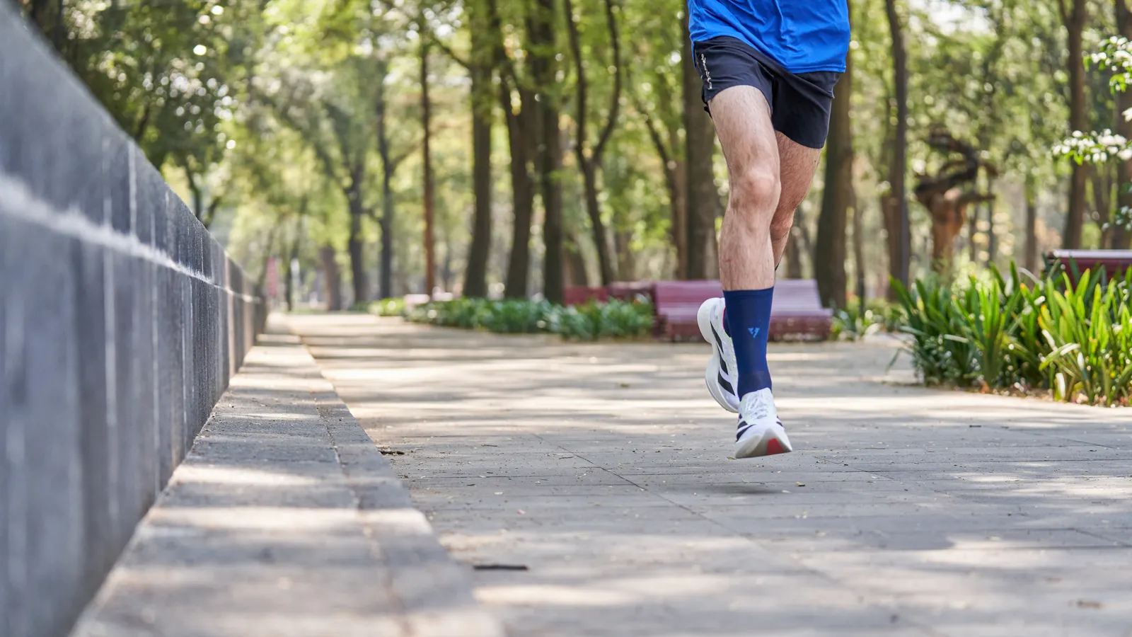 Man jogging on a park trail in sunlight